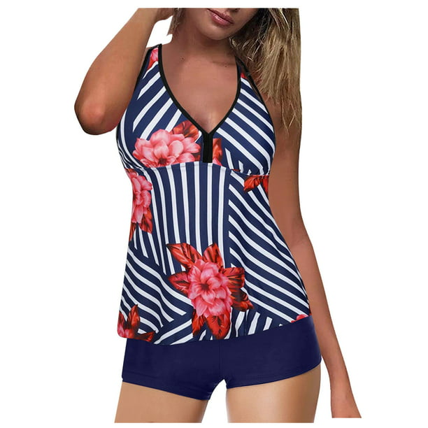 Bathing Suit 2 Piece Tankinis Swimwear Tummy Control Tankini Tops with Boyshort Plus Size Swimsuit for Women